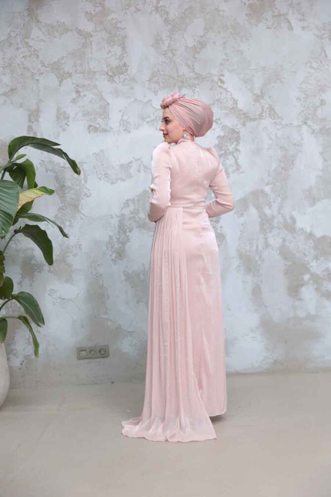 Drape Detaylı Pudra Tesettür Abiye Elbise 51481PD - 4