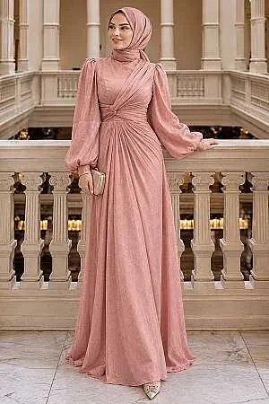 Drape Detaylı Pudra Tesettür Abiye Elbise 52285PD 