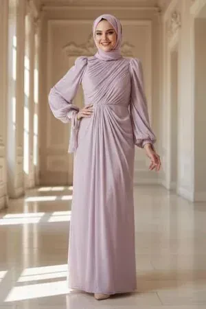  Drape Detaylı Pudra Tesettür Abiye Elbise 55172PD 
