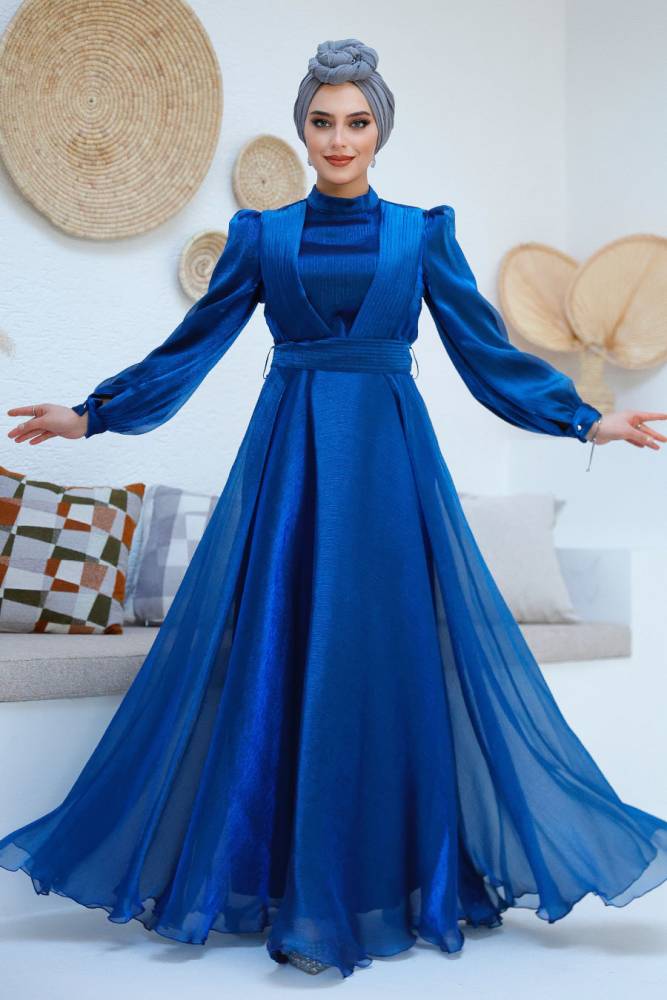 - Drape Detaylı Sax Mavisi Tesettür Abiye Elbise 45701SX - 1
