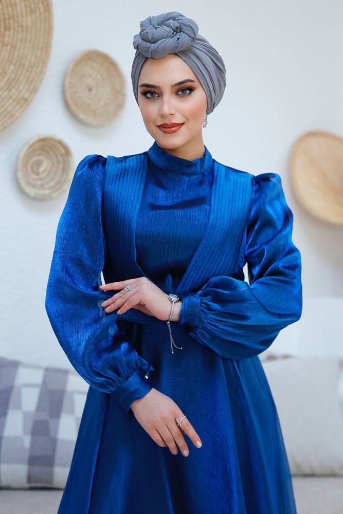 - Drape Detaylı Sax Mavisi Tesettür Abiye Elbise 45701SX - 4