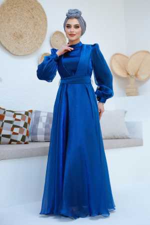 - Drape Detaylı Sax Mavisi Tesettür Abiye Elbise 45701SX - 5