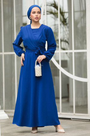 Drape Detaylı Sax Mavisi Tesettür Elbise 30002SX - 3