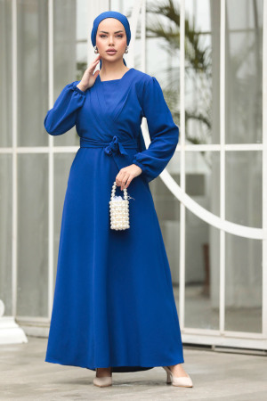Drape Detaylı Sax Mavisi Tesettür Elbise 30002SX - 1