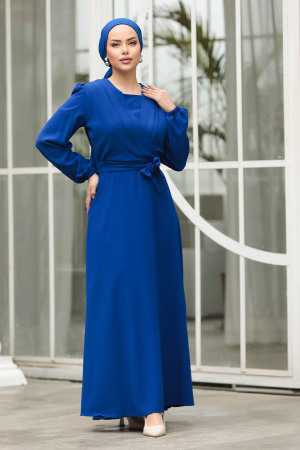 Drape Detaylı Sax Mavisi Tesettür Elbise 30002SX - 4