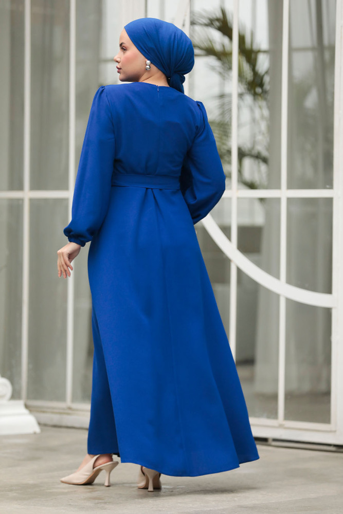Drape Detaylı Sax Mavisi Tesettür Elbise 30002SX - 5
