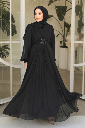 Drape Detaylı Siyah Tesettür Abiye Elbise 4448S - 3
