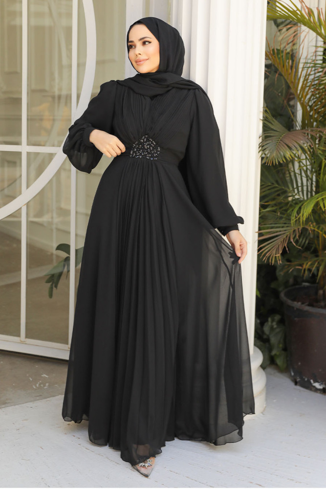 Drape Detaylı Siyah Tesettür Abiye Elbise 4448S - 2