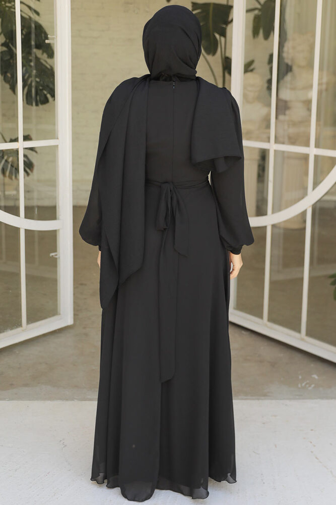 Drape Detaylı Siyah Tesettür Abiye Elbise 4448S - 4