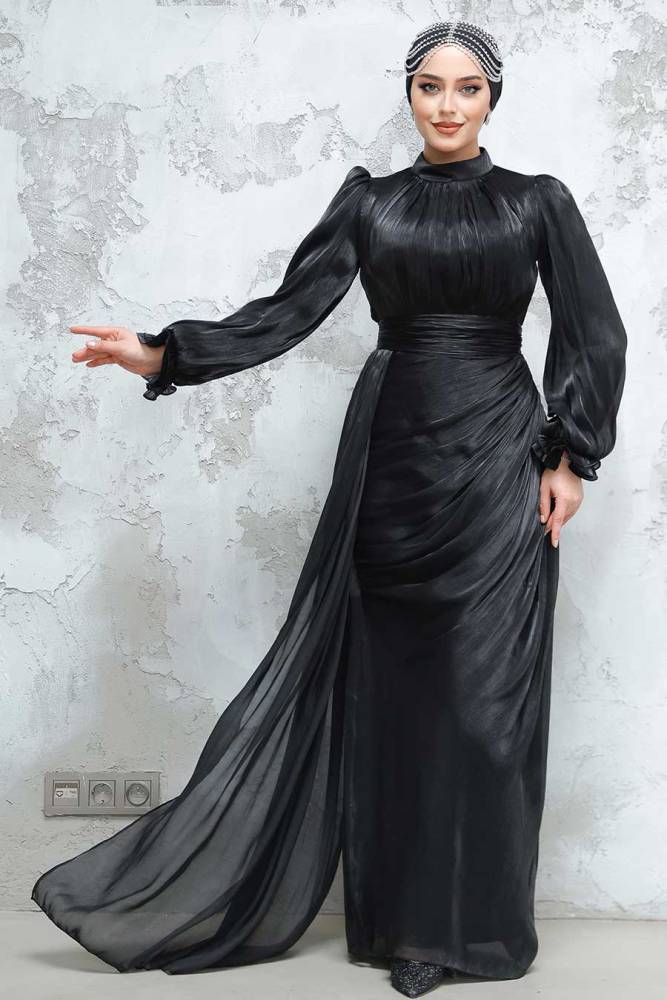 Drape Detaylı Siyah Tesettür Abiye Elbise 4934S - 1