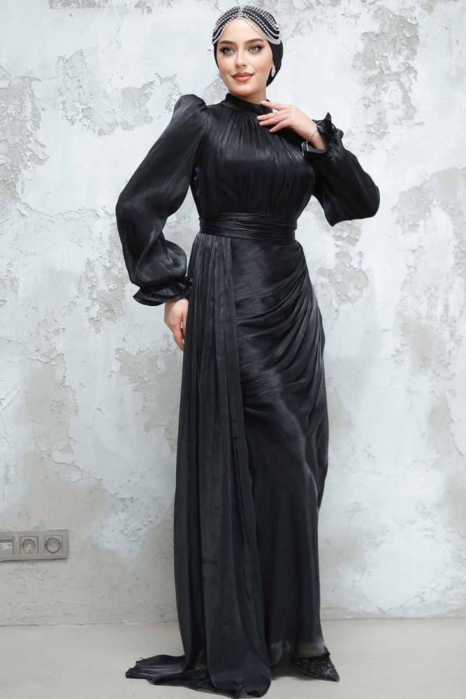 Drape Detaylı Siyah Tesettür Abiye Elbise 4934S - 3