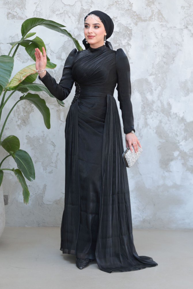Drape Detaylı Siyah Tesettür Abiye Elbise 51481S - 1