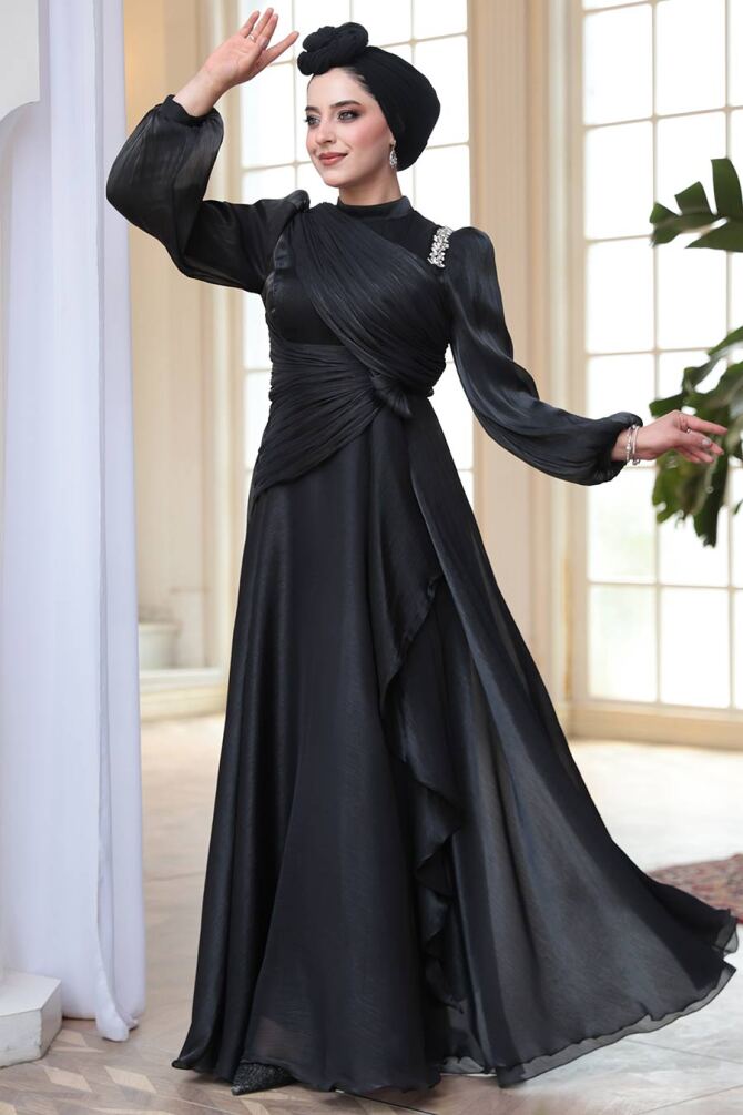 Drape Detaylı Siyah Tesettür Abiye Elbise 51641S - 1