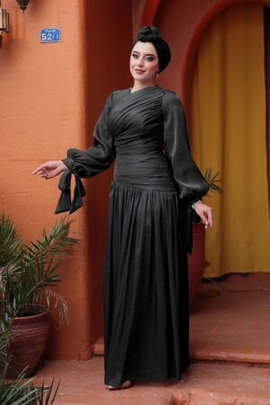 Drape Detaylı Siyah Tesettür Abiye Elbise 53631S 