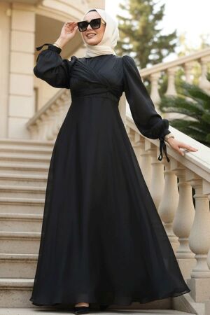 Drape Detaylı Siyah Tesettür Abiye Elbise 62201S 