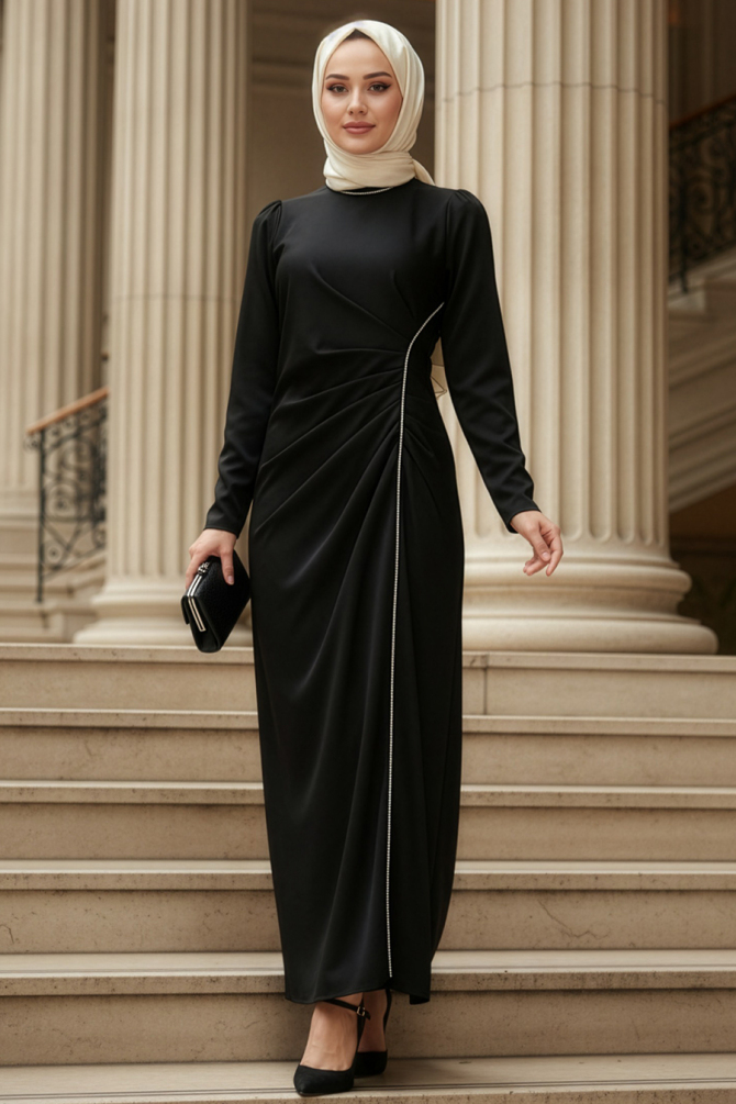 Drape Detaylı Siyah Tesettür Saten Abiye Elbise 46681S - 1
