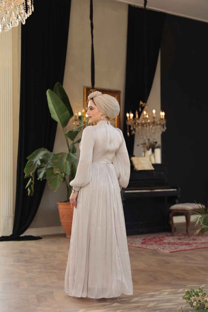 Drape Detaylı Taş Tesettür Abiye Elbise 44081TAS - 4
