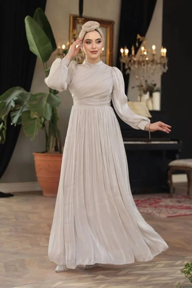 Drape Detaylı Taş Tesettür Abiye Elbise 44081TAS - 1