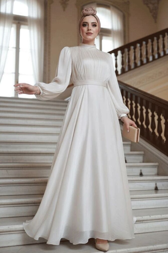 Drape Detaylı Taş Tesettür Abiye Elbise 51072TAS - 1