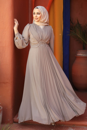 Drape Detaylı Vizon Tesettür Abiye Elbise 4448V - 3