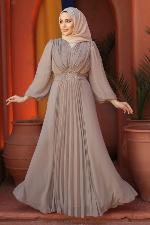 Drape Detaylı Vizon Tesettür Abiye Elbise 4448V - 6