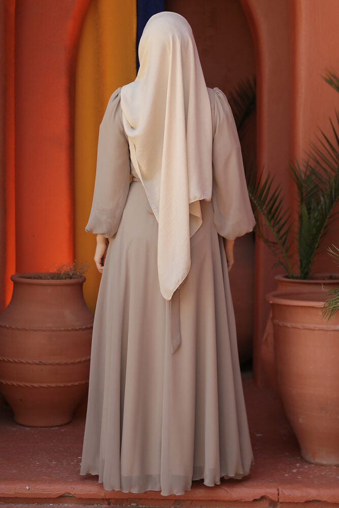 Drape Detaylı Vizon Tesettür Abiye Elbise 4448V - 7