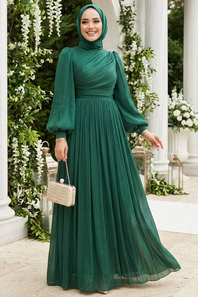Drape Detaylı Yeşil Tesettür Abiye Elbise 44081Y - 1
