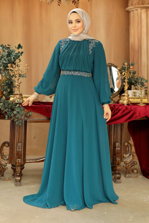 Drape Detaylı Zümrüt Yeşili Tesettür Abiye Elbise 25879ZY - 1