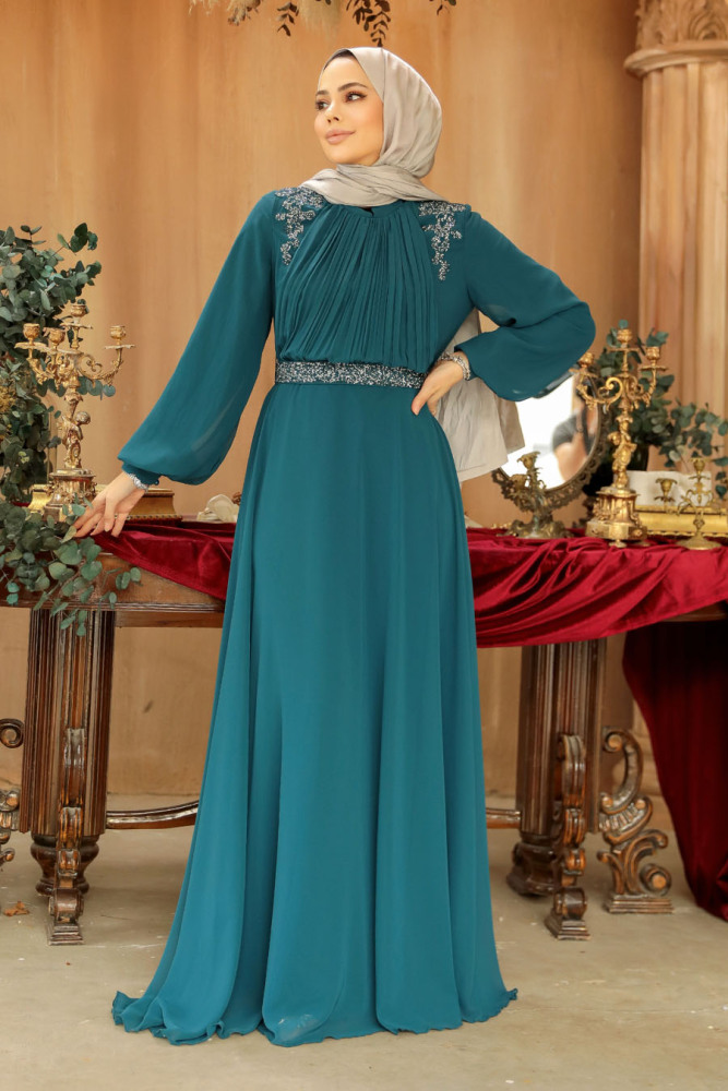 Drape Detaylı Zümrüt Yeşili Tesettür Abiye Elbise 25879ZY - 3