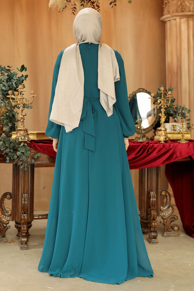 Drape Detaylı Zümrüt Yeşili Tesettür Abiye Elbise 25879ZY - 4