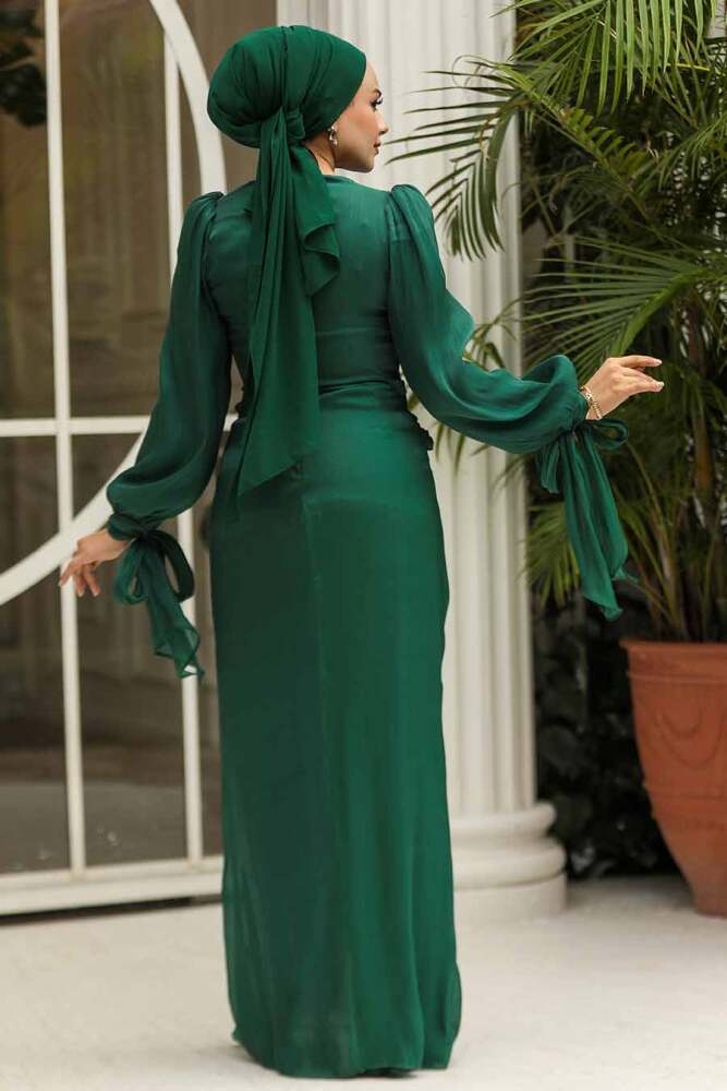 Drape Detaylı Zümrüt Yeşili Tesettür Abiye Elbise 47261ZY - 3