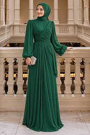 Drape Detaylı Zümrüt Yeşili Tesettür Abiye Elbise 52285ZY 