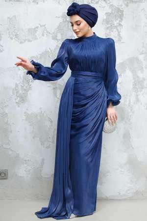  Drape Lacivert Tesettür Abiye Elbise 4934L - 2