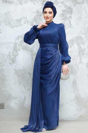  Drape Lacivert Tesettür Abiye Elbise 4934L - 3