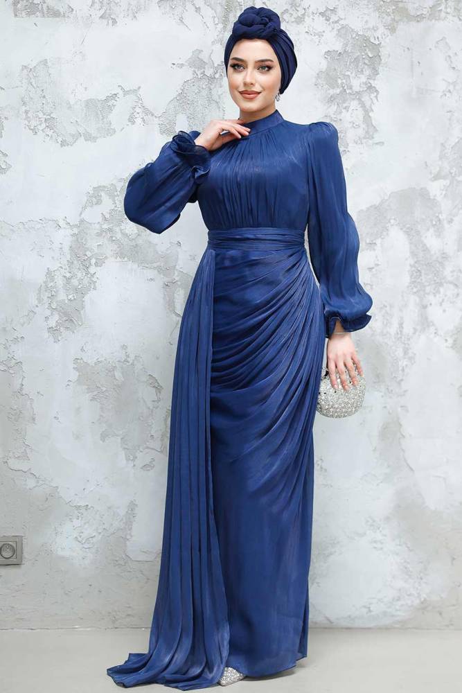  Drape Lacivert Tesettür Abiye Elbise 4934L - 3