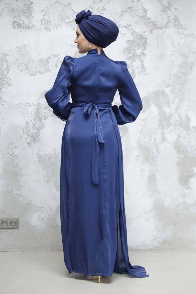  Drape Lacivert Tesettür Abiye Elbise 4934L - 4