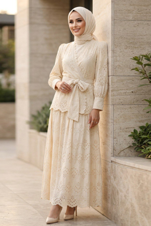 Draped Belted Eyelet Beige Modest Two-Piece Set 50071BEJ - 1