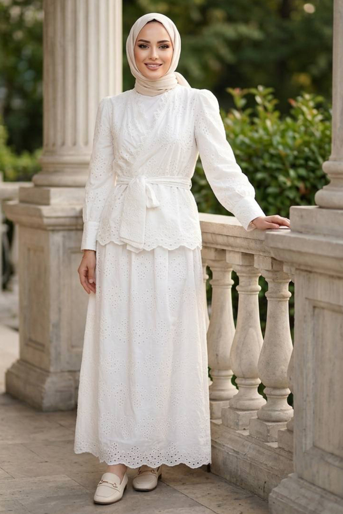 Draped Belted Eyelet White Modest Two-Piece Set 50071B - 1