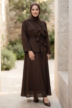 Draped Belted Tulle Modal Dark Brown Modest Set 31051KKH 