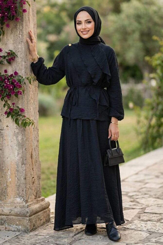 Draped Belted Tulle Modal Navy Blue Modest Set 31051L - 1