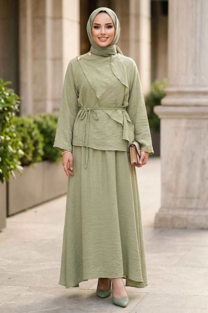 Draped Belted Tulle Modal Pistachio Green Modest Set 31051FY - 1