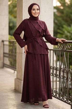 Draped Belted Tulle Modal Plum Modest Set 31051MU 