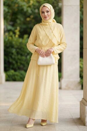 Draped Belted Tulle Modal Yellow Modest Set 31051SR - 1