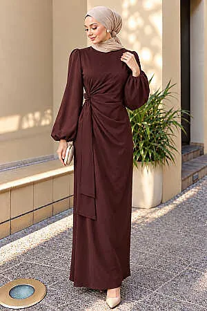 Draped Light Brown Satin Modest Dress 63012AKH - 1