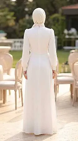Draped Waist Accessory-Detail Satin White Modest Evening Dress 80402B - 2