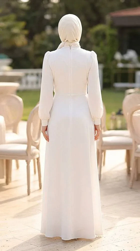Draped Waist Accessory-Detail Satin White Modest Evening Dress 80402B - 2