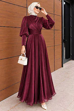Draped Balloon Sleeve Iridescent Burgundy Modest Evening Dress 50170BR 