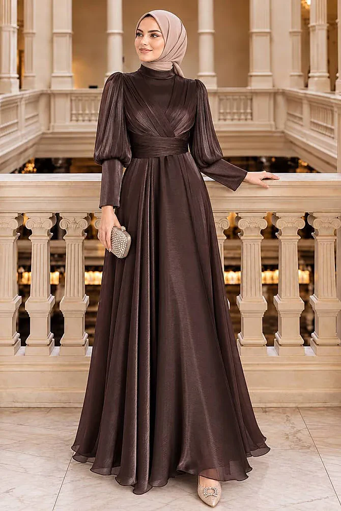 Draped Balloon Sleeve Iridescent Brown Modest Evening Dress 50170KH - 1