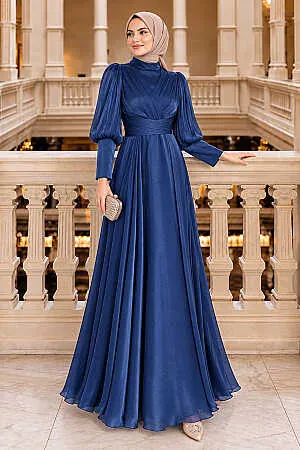 Draped Balloon Sleeve Iridescent Navy Modest Evening Dress 50170L 