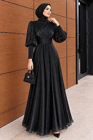 Draped Balloon Sleeve Iridescent Black Modest Evening Dress 50170S 
